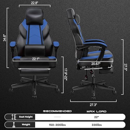 Gaming Chair for Adults, Video Game Chair with Footrest, Big and Tall Gaming Chair Heavy Duty Computer Chair with Massage Lumbar, Ergonomic Adjustable Height and 360° Swivel Seat, PU Leather, Blue