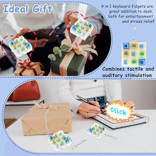 Keyboard Fidget Toy, Keyboard Fidget Keychain 9-in-1 Keyboard Decompression Button Finger Clicker Toys Stress Relief Fidget Gifts (Transparent- Blue Clear)