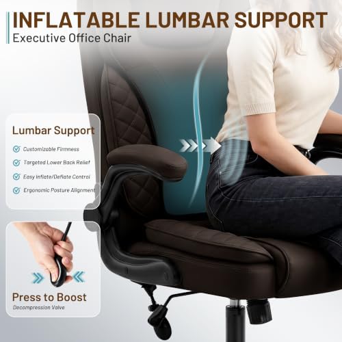 Ergonomic Office Chair, PU Leather High Back Executive Chair with Adjustable Inflatable Lumbar Support and Padded Flip-Up Arms, Recline Swivel Task Computer Chair for Home Office, Dark Brown