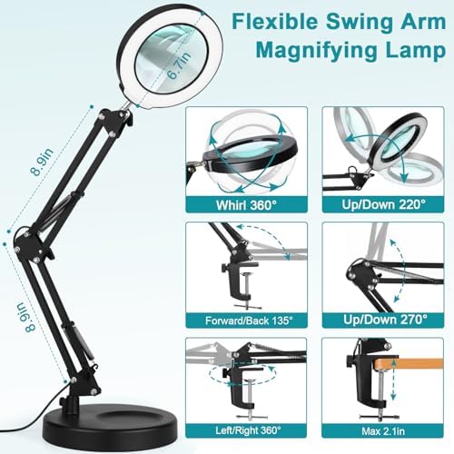 12X Magnifying Glass with Light and Stand, 2-in-1 Desk Lamp & Clamp Light, Seylae 5 Color Modes, Brightness Stepless Dimmable LED Lighted Magnifier Hands Free, Magnifier Lamp for Close Work, Reading