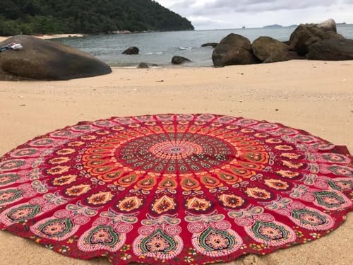 raajsee Red Round Beach Tapestry Hippie/Boho Beach Blanket Mandala/Indian Cotton Throw - Round Tablecloth/Home Decor/Indie Rug Yoga Mat Meditation Picnic Rugs 127 CM / 50 INCHE Circle