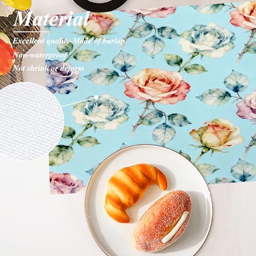 Shrahala Flower Set of 8 12 X 18 Inch Linen Placemats, Beautiful Flower Pattern Beauty Blossom Bouquet Elegant Floral Burlap Table Mat Washable Double Layered Heat Insulation for Indoor/Outdoor