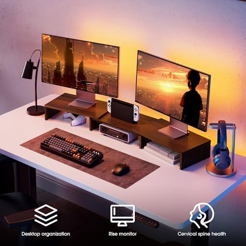 FITUEYES Dual Monitor Stand Riser, Adjustable Length and Angle, Brown