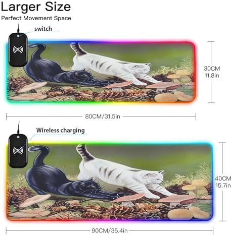15W Wireless Charging Mouse Pad for Desk Cat Stretching RGB Gaming Mouse Pad Mat with 14 Light Modes & Non-Slip Rubber Base Smooth Surface for Gaming PC Laptop