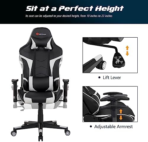POWERSTONE Gaming Chair - Office Computer Gaming Racing Chair with Lumbar Massager Support PU Leather Adjustable Arms Headrest High-Back Recliner Ergonomic Rolling Swivel (White)