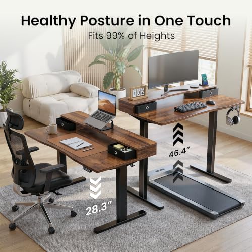 Realbear 55x26 Inch Electric Standing Desk with Drawers, Rustic Walnut