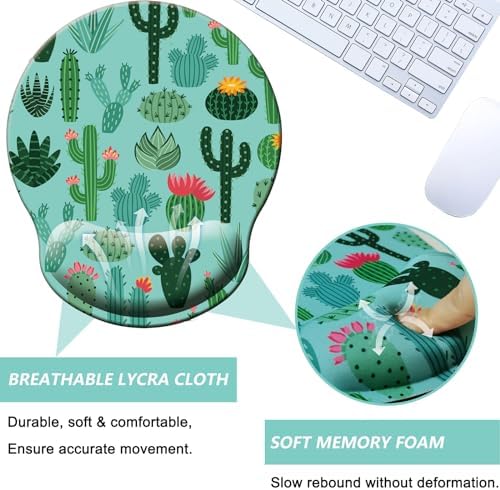 Mouse Pad with Wrist Support, Ergonomic Mouse Pad with Memory Foam Wrist Rest Cushion, Non-Slip Rubber Base Gaming Mice Pad for Home Office Computer Laptop, Cactus