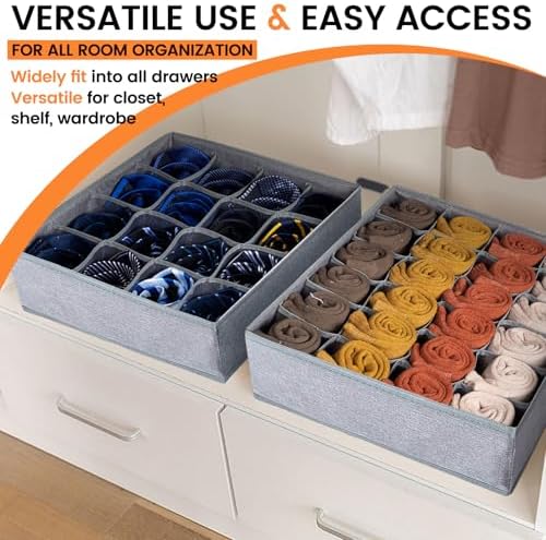 Criusia 3 Pack Sock Underwear Drawer Organizer Dividers, 64 Cell Fabric Foldable Dresser Organizer for Closet Organizers and Storage Boxes for Organizing Socks, Underwear, Ties (16+24+24 Cell, Gray)