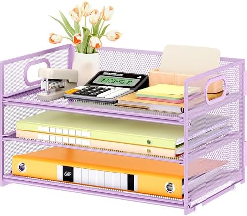 Subekyu 3 Tier Letter Tray Paper Organizer with Handle and 1 PC Sliding Tray, Purple Metal Mesh Desk File Folder Paper Sorter Organizer for Home Office School Desk Supplies Organization Storage