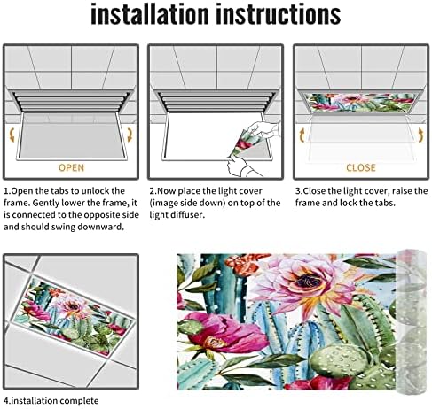 Fluorescent Light Cover Decorative Ceiling Light Filters,Watercolor Cactus Pattern,for Classroom Office Hospitals Home Ceiling Decorative,2ft x 4ft,Blue