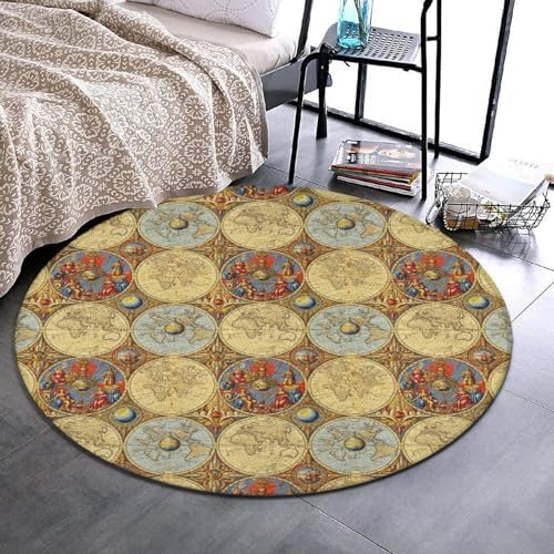 Soft Round Yoga Carpet, Large Home Decor Mat, Non-Slip Machine Washable Kitchen Office Circle Rug Compatible with World Map