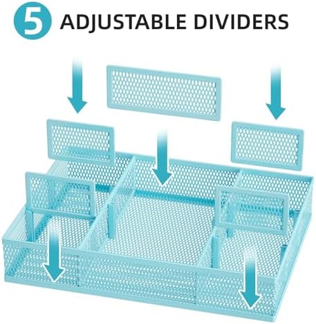 Marbrasse 2 Pack Desk Drawer Organizer, Mesh Drawer Organizer Tray with 8 Adjustable Compartments, Desk Organizers and Accessories, 5 Dividers Drawer for Office Supplies, Makeup & Vanity (Blue)