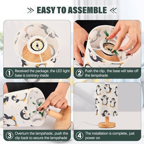 Bedside Lamp Cute Penguins Table Lamp for Bedroom LED Nightstand Lamp Shade USB Ports Wood Base for Living Room Dorm Office