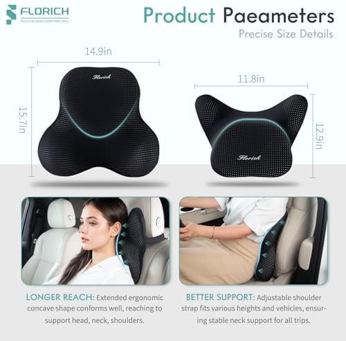 FLORICH Lumbar Support Pillow and Neck Headrest Pillow for Office Chair Car, Ergonomic Memory Foam, Relieves Neck, Back Pain, Pressure-Relieving Back Support for Car, Office Chair & Wheelchair – Black