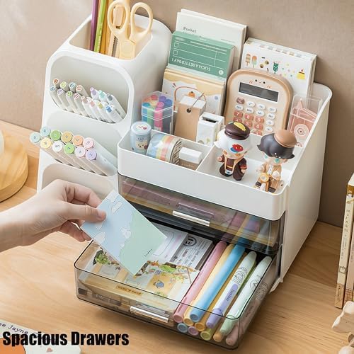 Desk Organizer with Pen Pencil Holder, Pen Organizer with 2 Drawers & 4 Compartments, Desktop Organizers and Storage for Office Home School Art Supplies (White)