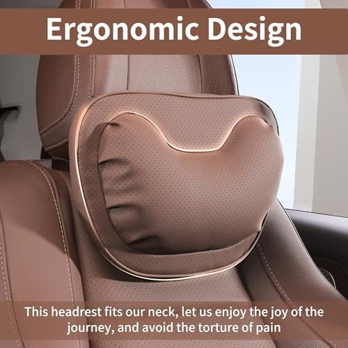 Car Neck Pillow [No More Pressure] Soft Comfortable Premium Leather Headrest with Adjustable Strap – Ergonomic Support for Driving, Office & Gaming, Brown, 2 Pack