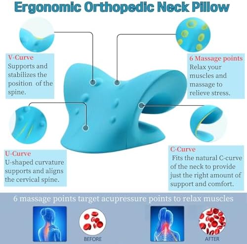 Cervical Traction Device, Neck Stretcher Cervical Traction for Muscle Relax, Neck Hump Corrector for TMJ Pain Relief, Shoulder Relaxer, Spine Corrector (Blue)