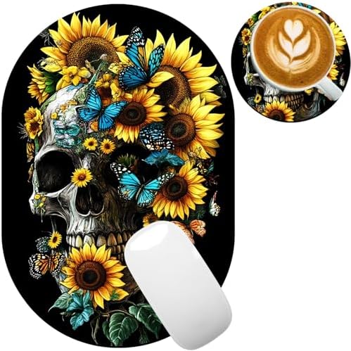 Small Mouse pad, Portable, Waterproof Non-Slip Rubber Bottom, Suitable for Wireless Mouse, Laptop Keyboard Tray for Both Men and Women, Office Travel 7.1x10.6in，Floral Skull with Butterflies
