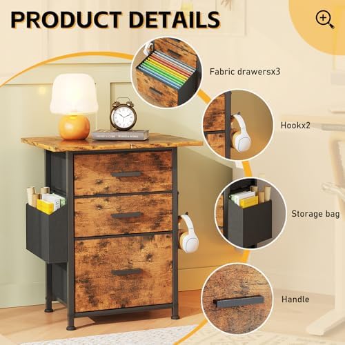 Mexin 3 Drawer File Cabinet with 22'' Extended Desktop, Mobile Filing Cabinet, Printer Stand, Rolling Printer Stand with Side Bag, Fabric Drawer, Fits A4 Size, Home Office,Rustic Brown