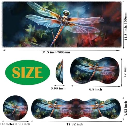 4 in 1 Mouse Pad Combo, Large Gaming Mouse Pad + Keyboard Wrist Support + Mouse Wrist Rest + Coaster, Table Pad with Stitched Edge Ergonomic Wrist Pad Set, Art Dragonfly