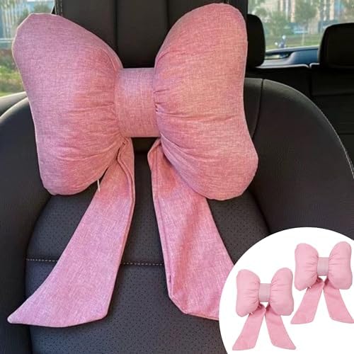 2PCS Chic Car Headrests with Bow-Shaped Cotton Linen Bowknot Neck Pillows for Cozy Road Trip & Cute Interior Decoration (Pink)