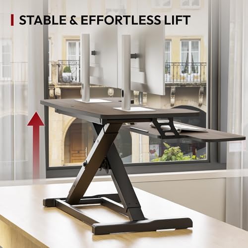 SANODESK 36" Standing Desk Converter, Smooth Mechanical Spring Effortless Lift Sit-Stand Riser for Dual Monitors, Heavy Duty Workstation with Keyboard Tray, Walnut