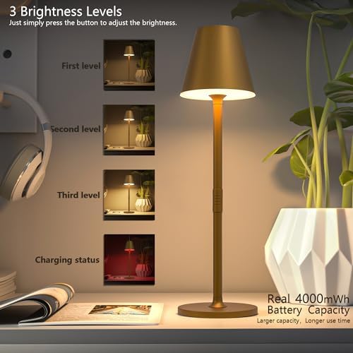 Timjorman 4-Pack Cordless Table Lamps - 5000mAh Rechargeable Battery Operated Desk Lamp, 3-Level Dimmable LED Night Light for Bedroom, Dining, Restaurant - Metal Design (Bronze 4PACK)