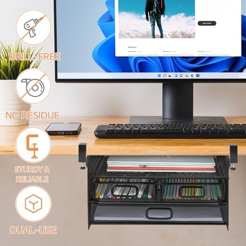 3 Layer Under Desk Drawer Storage Organizer, No Drill Clamp