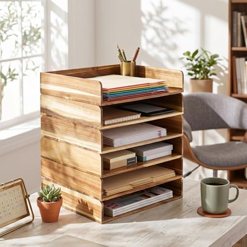 Novabright 6 Pcs Stackable Paper Organizer Tray Acacia Wood Desk Organizer Letter Tray Desktop Letter Size Office Wooden Desk Shelf Paper Holder Folder Organization Rack for File Document (Acacia)