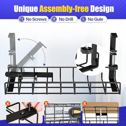 Under Desk Cable Management Tray 2 Pack, Xpatee Wire Management No Screws, Cable Tray with Clamp for Wire Management, Computer Code Rack for Office, Home - No Damage to Desk Black