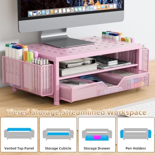 Monitor Stand Riser with Mesh Drawer and 2 Pen Holders, Pink Star Vent Top