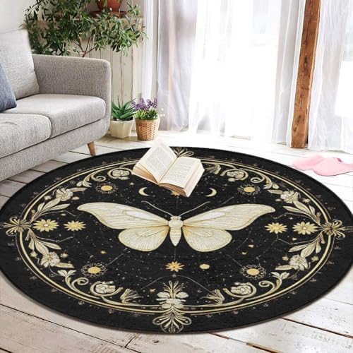 Soft Round Yoga Carpet, Office Chair Decor Round Mat for Carpet and Hardwood Floors Moth Gothic Witchy Sun Moon