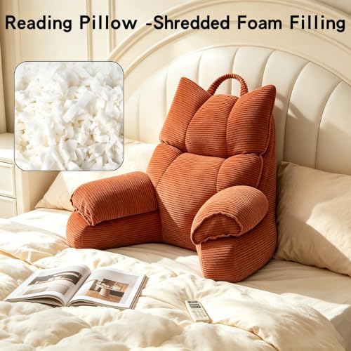 Reading Pillow for Bed with Arms, Back Support, Memory Foam（Bright Orange）