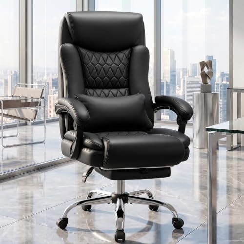 Ergonomic Office Chair Executive PU Leather High Back, 400lbs Heavy Duty Reclining Desk Chair with Footrest, Adjustable Lumbar Support, Padded Armrests, Wide Seat, Black
