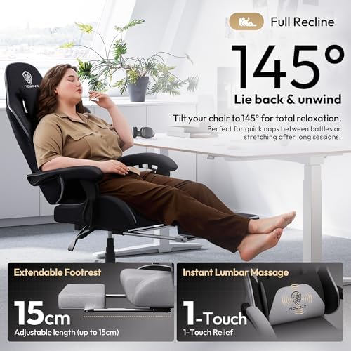 Dowinx Big and Tall Gaming Chair Fabric with Footrest Pocket Spring Cushion for Home Office, High Back Recliner Height Adjustable Ergonomic Comfy Cloth Computer Desk Chair, Black Grey