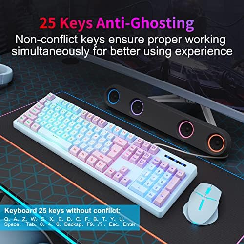 HUO JI Gaming Keyboard USB Wired with Rainbow LED Backlit, Blue Purple