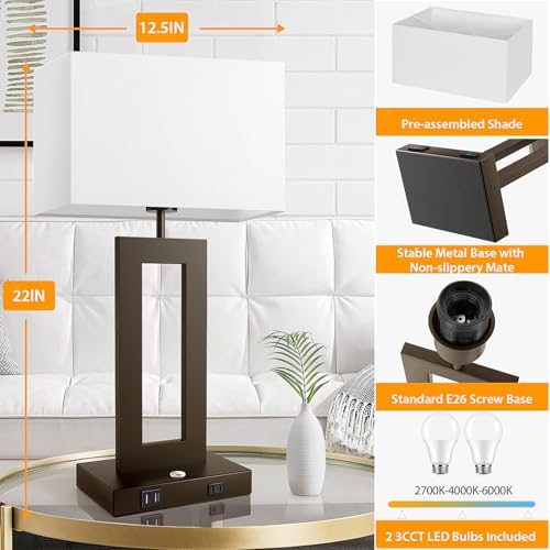 3 Color Temperatures Brown Table Lamps for Bedrooms Set of 2, 22’’ Touch Control Bedside Nightstand Lamps with 2 USB Ports & AC Outlet, Modern Lamp Sets for Living Room, Stepless Dimming, White Shade