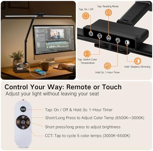 OUTON 29.5" LED Desk Lamp with Clamp for Home Office, 24W Eye-Caring Architect Desk Lamp for Dual Monitors, USB-C & USB-A Ports, Remote & Touch Control, 5 Color Temperatures, Stepless Dimming
