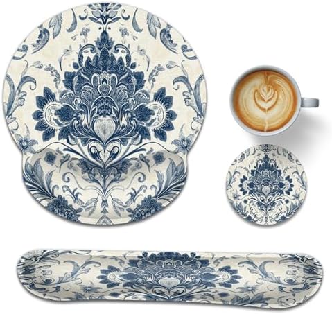 Keyboard Wrist Rest Pad Ergonomic Mouse Pad Set,Vintage Floral Paisley 3 in 1 Memory Foam Mouse Pad with Non Slip Base for Office and Home