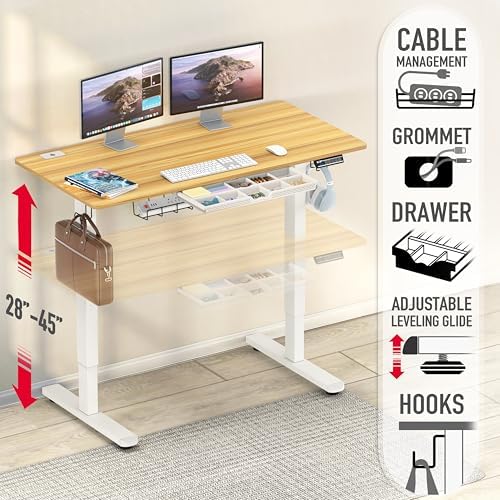 SHW 48-Inch Electric Height Adjustable Standing Desk w/Drawer, Oak