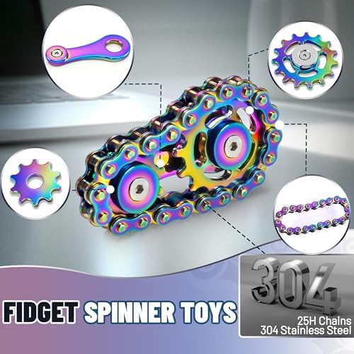Metal Fidget Spinner Toys for Teens Boys Adults Bike Chain Roller Gadgets ADHD Figette Anxiety Stress Relief Items Quiet Figet Desk Offices EDC Men Easter Basket Stuffer - Rainbow+Black