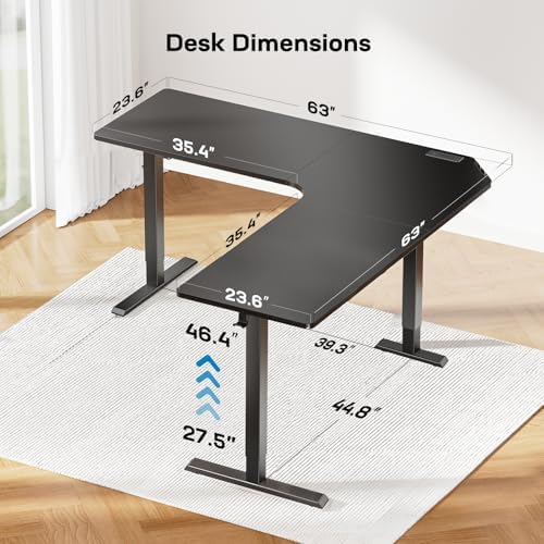 HUANUO 63" x 63" L-Shaped Standing Desk, Built-in Power Outlets, Black
