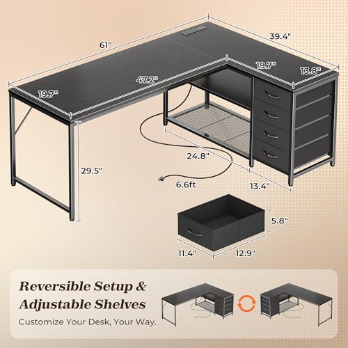 PRAISUN 61" L Shaped Desk with Power Outlets & 4 Drawers