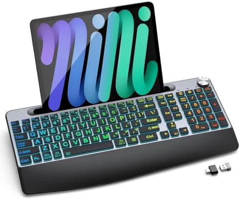 GAMCATZ Large Print Backlit Wireless Keyboard with Wrist Rest-Low-Profile,Phone/Tablet Holder,Rechargeable with Light Up Keyboard,Ergonomic Quiet Computer Keyboard for Desktop,Laptop, PC, Mac-Grey