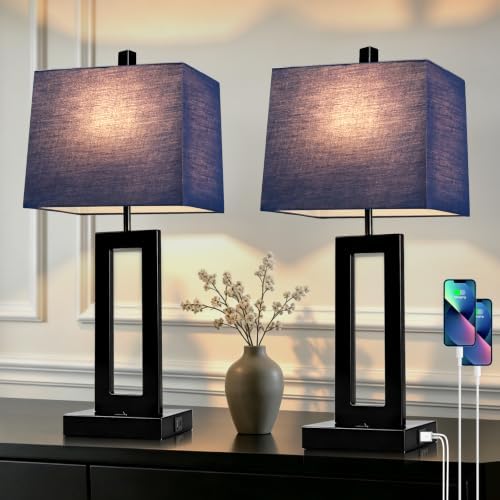 Cinkeda Blue Bedside Table Lamp Set of 2, Nightstand Lamps with USB Ports