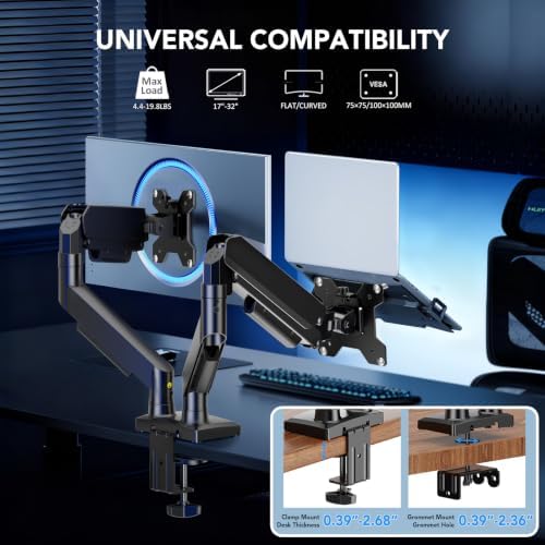 Dual Monitor Stand, Adjustable Monitor Desk Mount for 17″–32″ Computer Screens, Full Motion VESA 75x75/100x100 with C-Clamp & Grommet Aluminum Base, Each Arm Holds 4.4 to 20 lbs AX09DB201