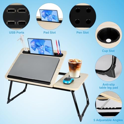 Laptop Bed Desk, Adjustable Lap Desk, Small Laptop Table with USB Charge Port, Desktop Card &Pen Slot, Cup Holder, Foldable Bed Tray Table for Couch Sofa Chair Floor Eating Working