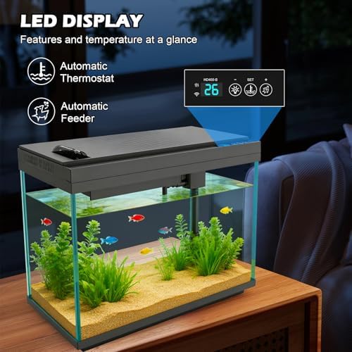 Smart Aquarium 5 Gallon Glass Fish Tank with Silent Water Pump, Self Cleaning System Efficiency Filter 7-Color LED Lights Automatic Feeder Temperature Display HD Glass, Smart Control with App, Black