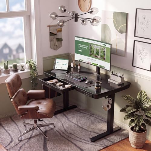 INNOVAR 40" Small Glass Standing Desk with Drawers & USB Ports, Whole-Piece Glass Top Adjustable Height Desks, Quick-Install Electric Sit-Stand Up Desk for Home Office & Computer Workstation, Black