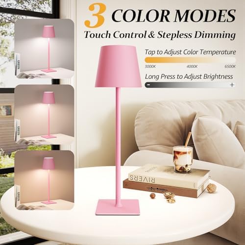 CHLORANTHUS 2 Pack Cordless Table Lamps, 3 Colors Stepless Dimming, 5000mAh Rechargeable Battery LED Desk Lamp for Bedroom/Couple Dinner/Desk/Cafe/Dining Room/Terrace